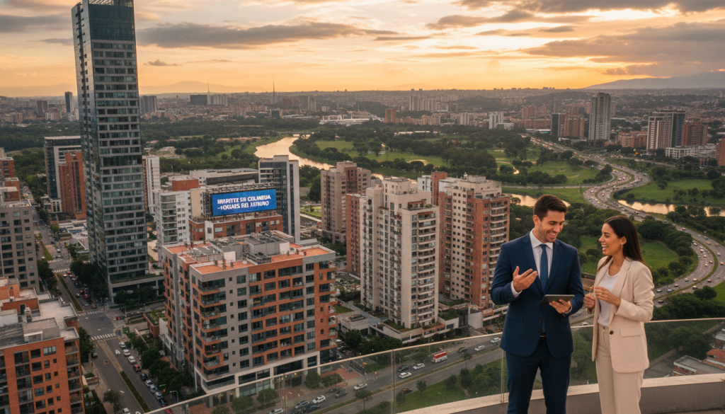 A modern city skyline at sunset, illustrating the theme of real estate investment in Colombia. In the foreground, a professional-looking couple in business attire, discussing investment strategies with enthusiasm. The middle ground features vibrant apartment buildings and residential areas, showcasing diverse architecture for housing options. In the background, a panoramic view of the city, with lush green spaces and bustling streets, symbolizing economic growth and livability. Soft golden hour lighting casts a warm glow over the scene, accentuating the optimism of real estate opportunities. The atmosphere is dynamic and hopeful, emphasizing the potential of investing in homes in Colombia for the future.
