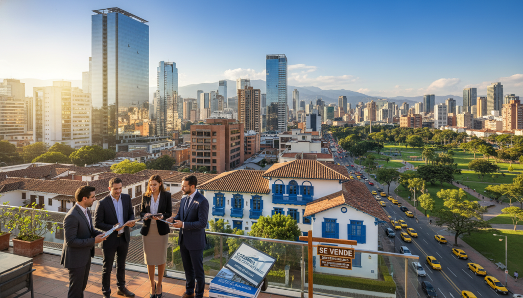 A vibrant city skyline in Colombia showcasing a mix of modern skyscrapers and traditional architecture, symbolizing real estate investment potential. In the foreground, a diverse group of professionals in business attire are engaged in a discussion, examining property brochures and digital devices. The middle ground features luxury apartments and residential buildings, and a “For Sale” sign in front of a charming house. The background includes green parks and bustling streets, under a clear blue sky. The lighting is bright and inviting, with sunlight highlighting key elements. The mood is optimistic and dynamic, reflecting opportunities in the Colombian real estate market for 2025.