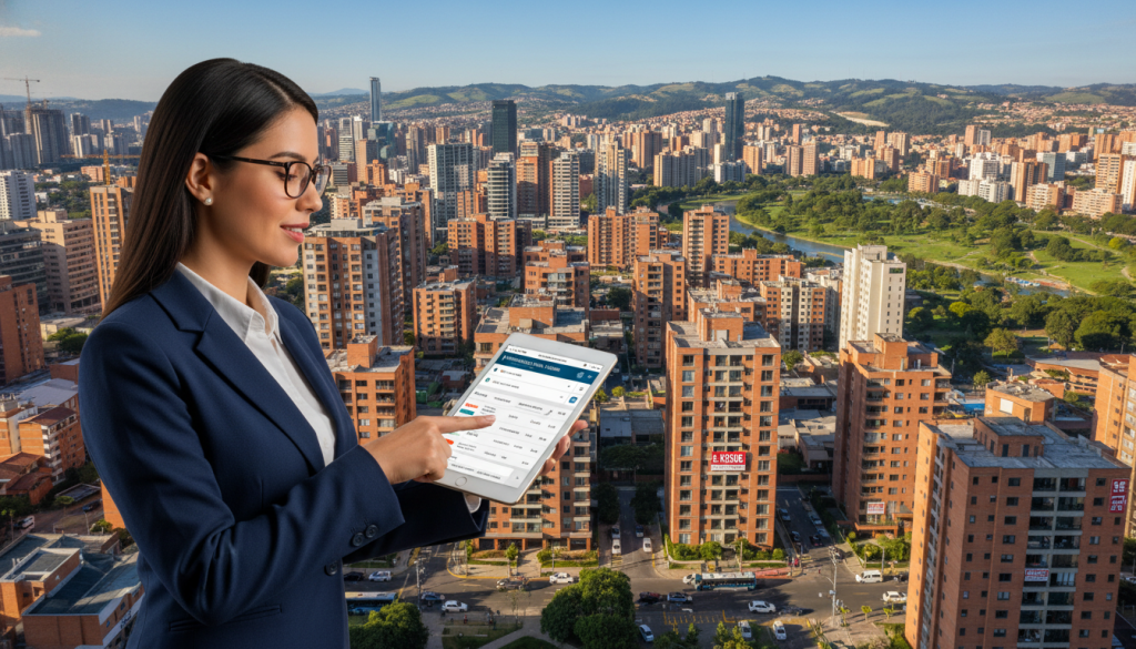 A vibrant real estate market scene in Colombia’s urban landscape in 2025. In the foreground, a professional business person in formal attire examines property listings on a digital tablet, highlighting opportunities for investment. In the middle ground, modern apartment buildings and high-rises showcase an array of architectural styles, with For Sale signs adorning the properties. The background features a bustling city skyline with greenery and parks interspersed, indicating a balanced living environment. The lighting is bright and welcoming, suggesting a sunny day, with soft shadows cast by the buildings. The camera angle is slightly elevated, offering a comprehensive view of the market dynamics at play, imparting a sense of optimism and growth within the Colombian real estate sector.