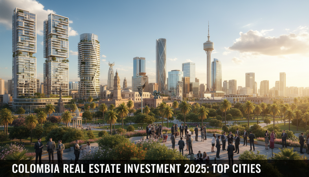 A vibrant urban landscape showcasing the top Colombian cities for real estate investment in 2025. In the foreground, depict a modern skyline featuring a mix of elegant residential towers and innovative commercial buildings, symbolizing economic growth. The middle ground includes a lush green park with professionals in business attire networking and discussing property investment opportunities, creating a dynamic atmosphere. The background features prominent Colombian landmarks, bathed in warm, golden sunlight to evoke a sense of optimism and prosperity. The overall mood is upbeat and encouraging, with a clear blue sky and a few fluffy clouds, emphasizing the future potential of these cities. The scene should be captured from a slightly elevated angle, allowing for a panoramic view of the vibrant community.