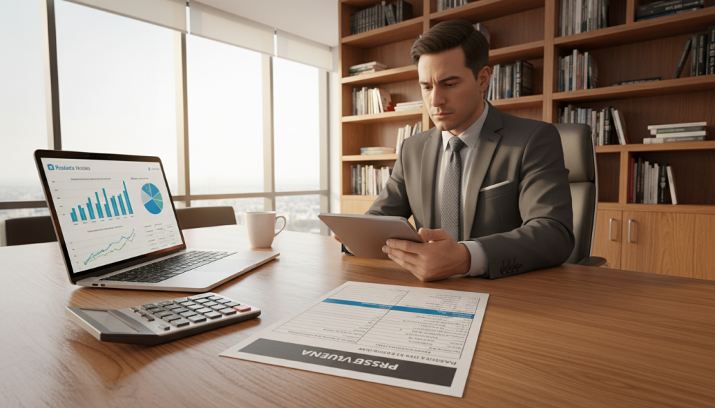 A modern, professional office setting showcasing a detailed financial budget sheet titled "Presupuesto Venta" placed prominently on an elegant oak desk. In the foreground, a calculator, a laptop displaying real estate graphs, and a cup of coffee add a personal touch. In the middle, a well-dressed individual (in a smart business suit) is intently reviewing property listings on a tablet, emphasizing the process of estimating a housing budget in Colombia. In the background, large windows let in soft, natural light, casting an inviting glow over the room, while shelves filled with books about finance and real estate create an atmosphere of knowledge and professionalism. The overall mood is focused and analytical, reflecting strategic thinking for future housing investments.
