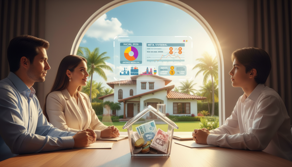 A serene scene depicting the concept of saving for a home down payment in Colombia for the year 2026. In the foreground, a modern, stylish family is gathered around a table, reviewing a colorful savings plan chart with their financial advisor. They appear hopeful and determined, dressed in professional attire. In the middle, a clear glass piggy bank filled with Colombian pesos is prominently displayed, symbolizing savings. The background features a bright, sunny window view of a future dream home, with lush greenery and a clear blue sky, creating a sense of aspiration and optimism. The lighting is warm and inviting, enhancing the positive atmosphere of financial planning. The angle focuses on the family's engagement with the advisor, capturing their enthusiasm and commitment to their financial goals.