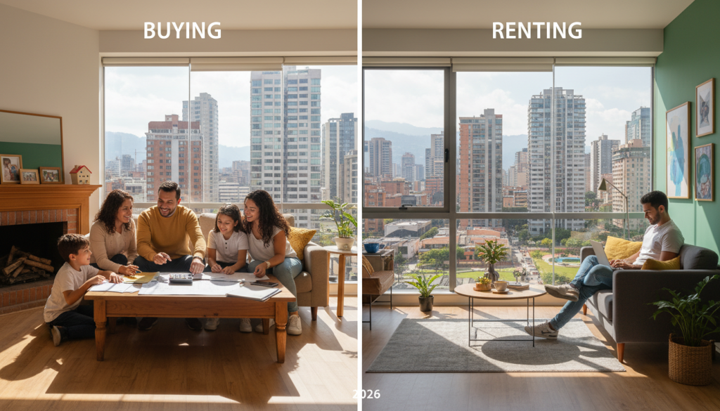 A split-screen image comparing buying versus renting in 2026. On the left, a cozy living room setup with a family gathered around a coffee table filled with house documents and a calculator, showcasing the home-buying aspect. On the right, a vibrant apartment scene with a single professional working on a laptop, emphasizing the renting lifestyle. The background features a city skyline blending modern architecture with traditional Colombian elements, illustrating both concepts. Bright, natural sunlight streams through large windows, casting warm shadows. The mood is optimistic and forward-thinking, with a focus on lifestyle choices. Use a wide-angle lens to capture the spaciousness and detail, ensuring a balanced composition.