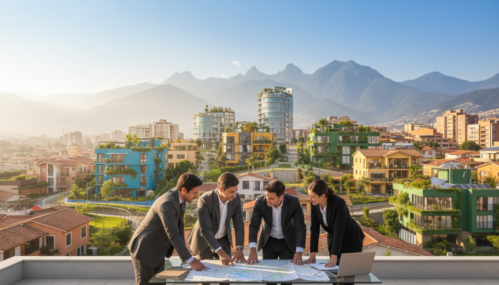 A vibrant, modern urban landscape in Colombia, showcasing various types of residential properties, including sleek apartment buildings, charming family homes, and eco-friendly developments. In the foreground, a mixed group of individuals in professional business attire studies a large, detailed map of the city, discussing their housing goals. The middle ground features a stylish neighborhood with vibrant colors and greenery, while the background highlights the majestic Colombian mountains under a clear blue sky. Soft, natural lighting bathes the scene, creating an inviting and hopeful atmosphere. The perspective is slightly elevated, giving a panoramic view of the area, emphasizing the diversity of available properties and the importance of strategic planning in the home-buying process.