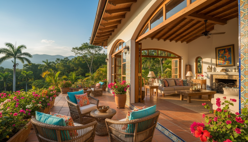 A cozy and inviting Colombian casa, featuring a traditional design with colorful, tiled walls and vibrant flowers adorning the entrance. In the foreground, a well-maintained patio with outdoor furniture invites relaxation. The middle ground showcases the home’s spacious living area, with rustic wooden beams and large windows that allow natural light to flood the space. In the background, lush greenery and palm trees create a serene atmosphere, framed under a bright blue sky. The scene is bathed in warm golden sunlight, enhancing the inviting feel of the environment. Capture the essence of home and lifestyle choice in Colombia's rental market with a wide-angle perspective that emphasizes comfort and style.