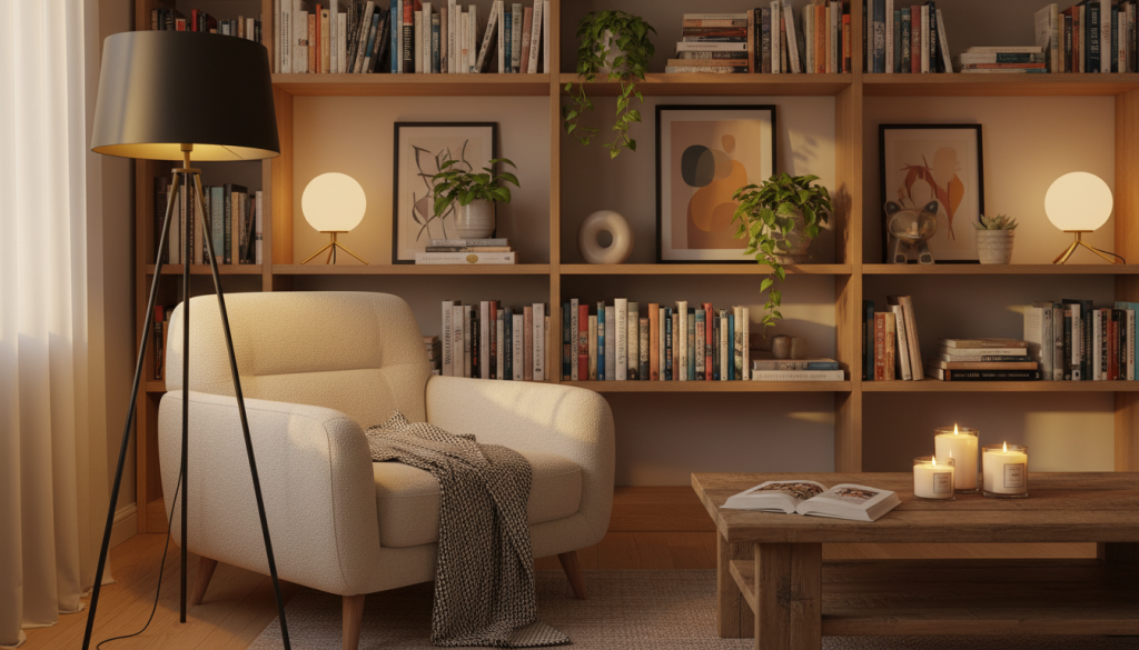 A cozy living room interior that radiates warmth and comfort, featuring stylish decorative lamps casting soft ambient light. In the foreground, a sleek, modern floor lamp with a warm yellow glow stands next to a plush armchair. In the middle, a coffee table adorned with scented candles and an open book invites relaxation. The background showcases a softly lit bookshelf filled with colorful decor and houseplants, enhancing the nurturing atmosphere. The room is bathed in gentle, diffuse lighting, reminiscent of a late afternoon sun, giving the space a tranquil vibe. The angle captures the inviting layout, creating a sense of depth and intimacy that emphasizes the idea of a welcoming home.