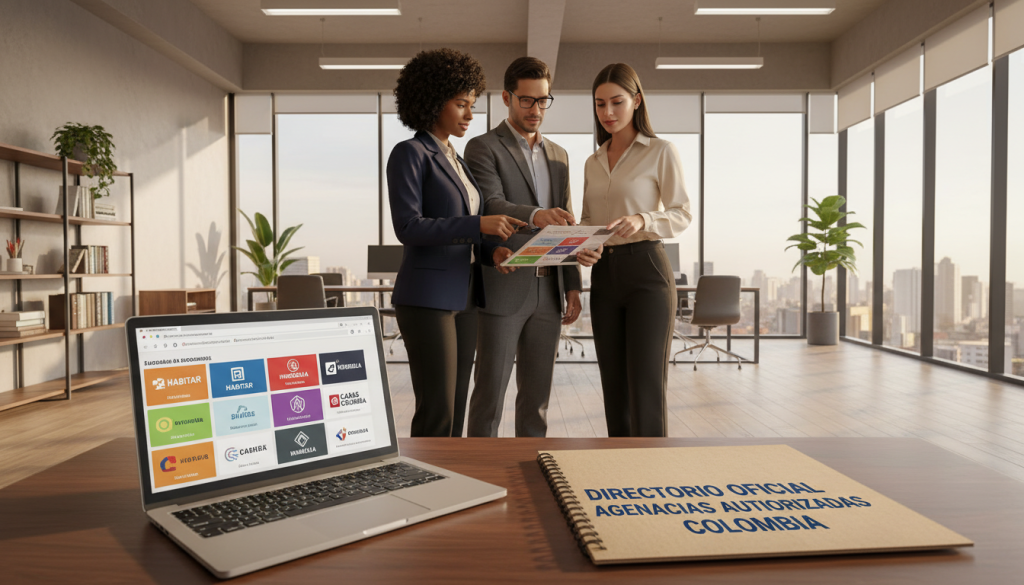 A modern and professional office setting showcasing a directory of authorized real estate agencies in Colombia. The foreground features a sleek, polished wooden desk with a laptop open to a website displaying various real estate listings and agency names, visually appealing and organized. In the middle ground, a group of three diverse professionals in business attire discuss strategies while looking at a printed directory, showcasing collaboration and trust in their choice of provider. The background includes a modern office with large windows allowing warm, natural light to flood the space, creating an inviting and optimistic atmosphere. Soft, neutral colors enhance professionalism and clarity. The overall mood is one of confidence and expertise, ideal for highlighting the section on choosing authorized real estate providers.