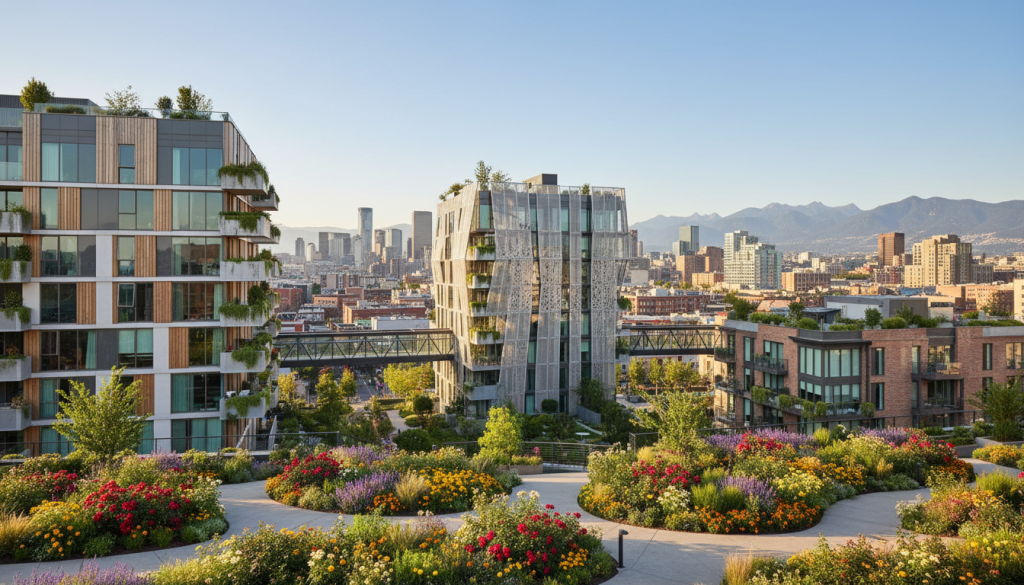 A modern apartment complex in an urban setting, showcasing a variety of stylish residential units, with large windows and balconies adorned with potted plants. In the foreground, include a landscaped garden with colorful flowers and well-maintained pathways. The middle ground features several apartment buildings of different architectural styles, reflecting contemporary design with smooth lines and warm materials. In the background, a vibrant city skyline under a clear blue sky, with distant mountains adding depth. Utilize soft, natural lighting to create a warm and inviting atmosphere, captured from a slightly elevated angle, using a wide-angle lens to emphasize the space and layout. The scene should convey a sense of community and modern living, perfect for prospective homeowners.