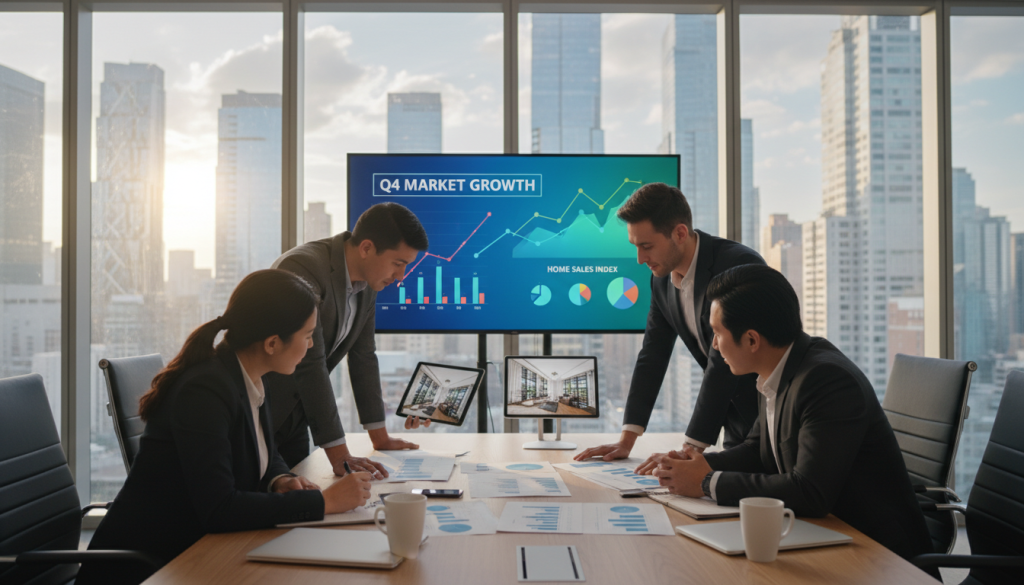 A modern office setting showcasing a real estate market meeting. In the foreground, a diverse group of professionals in business attire is engaged in discussion, analyzing charts and property listings, with focused expressions. The middle ground features a large conference table filled with documents and laptops, while a large screen displays vibrant graphs illustrating market trends. In the background, tall windows let in natural light, showcasing a city skyline, symbolizing growth and opportunity. The atmosphere is energetic and collaborative, highlighting the impact of property sales and purchases. The scene is captured with a wide-angle lens to emphasize the spacious environment, with balanced, warm lighting to create an inviting feel.