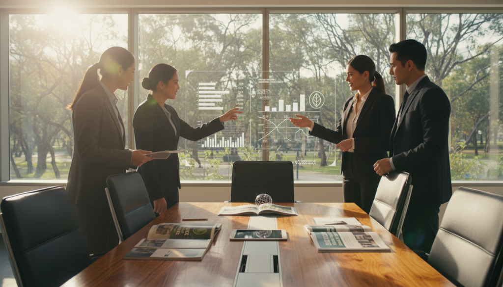 A professional office space featuring environmentally certified real estate properties. In the foreground, a sleek, modern conference table with brochures highlighting certification benefits. Middle ground shows a diverse group of professionals in business attire discussing with enthusiasm, pointing towards a digital screen displaying eco-friendly building metrics. The background features large windows with lush greenery outside, natural light flooding in, creating an inviting atmosphere. The lighting is warm and bright, with a slight lens flare for a polished look. The overall mood conveys collaboration and forward-thinking in sustainable real estate, emphasizing the commercial advantages of certified properties for sale, purchase, and leasing.