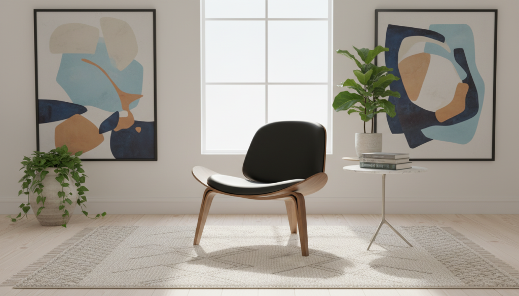 A stylish black chair is elegantly positioned as the focal point in a contemporary living space. The chair's sleek lines and modern design are highlighted by soft, natural lighting streaming through a large window in the background. Surrounding the chair, a warm wooden floor and a neutral-toned rug create an inviting atmosphere. In the middle ground, a minimalist side table with a decorative plant and a small stack of books complement the chair's design. Bright, airy walls adorned with abstract art enhance the space’s sophistication. A touch of greenery from potted plants adds life to the scene, capturing a harmonious blend of decor that emphasizes both design and functionality. The overall mood is relaxed yet refined, perfect for a modern home decor aesthetic in 2026.