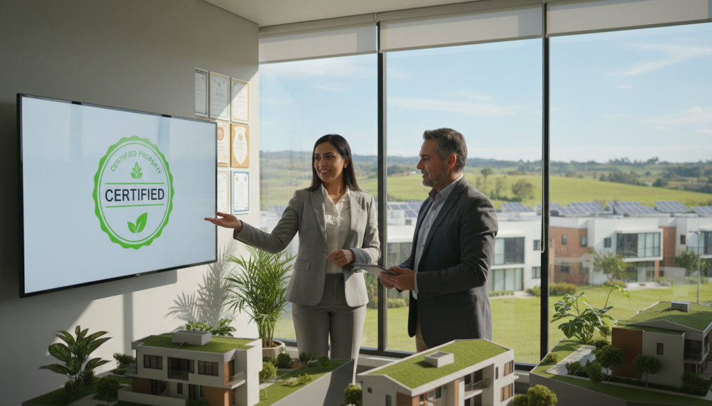 A vibrant real estate office setting in Colombia, showcasing certified properties. In the foreground, a professional Hispanic woman in business attire discusses certification details with a middle-aged man, both looking engaged and confident. The office features models of eco-friendly buildings, plants, and certification badges prominently displayed. In the middle ground, large windows allow natural light to flood the room, creating a warm and inviting atmosphere. The background highlights a panoramic view of green Colombian landscapes, showcasing modern sustainable homes and rolling hills under a clear blue sky. Soft lighting emphasizes the sense of professionalism and collaboration, while maintaining a balanced, serene mood.